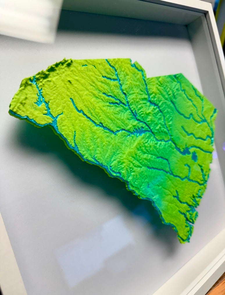 South Carolina State Topographic Elevation Map - Framed Scale with Mountain Ranges and Rivers