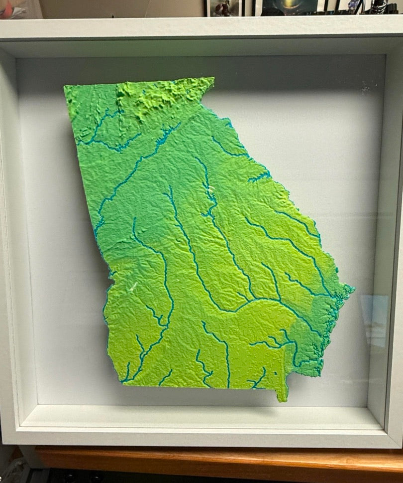 Georgia State Topographic Elevation Map - Framed Scale with Mountain Ranges and Rivers