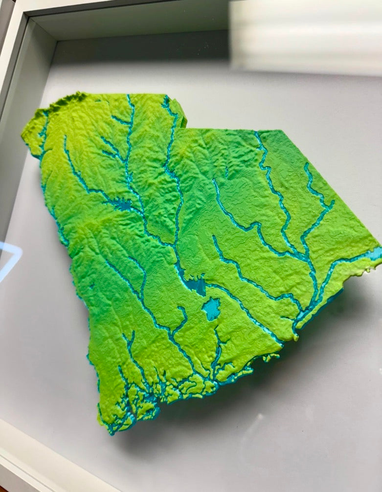 South Carolina State Topographic Elevation Map - Framed Scale with Mountain Ranges and Rivers