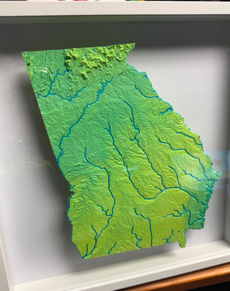 Georgia State Topographic Elevation Map - Framed Scale with Mountain Ranges and Rivers