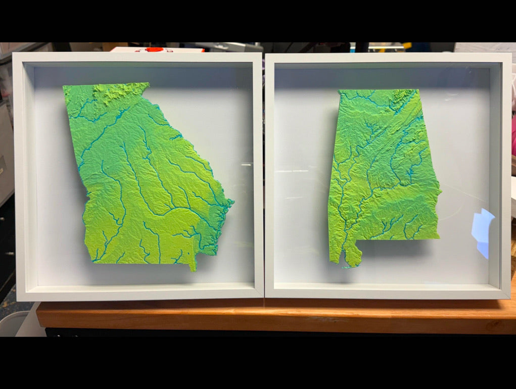 Georgia State Topographic Elevation Map - Framed Scale with Mountain Ranges and Rivers