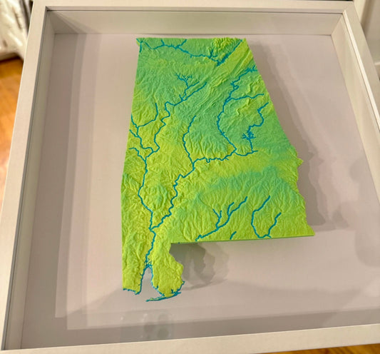 Alabama State Topographic Elevation Map - Framed  Scale with Mountain Ranges and Rivers